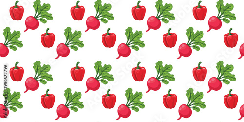 radish and red bell pepper seamless pattern on white background