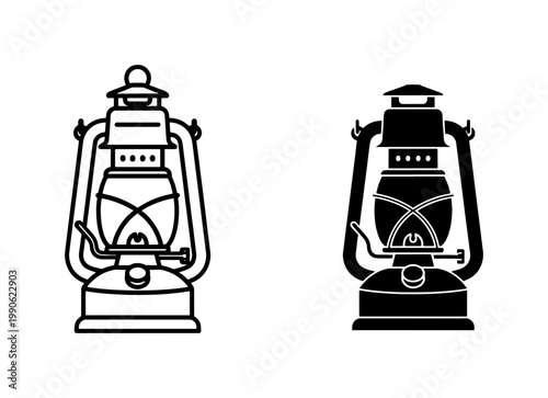 Vintage Kerosene Lantern Outline and Silhouette Vector Icons