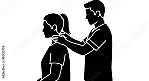 Medical professional examining patients neck in silhouette.