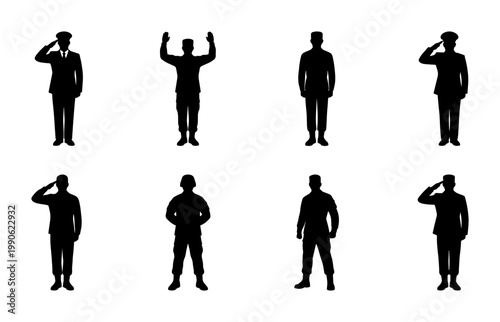 Military soldier silhouettes set, army personnel in uniform and saluting poses, 8 black vector icons of infantry and officers for patriotic design