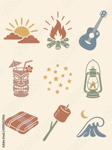 Tiki Torch Summer Vacation Icon Set.