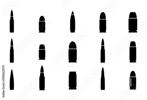 Black bullet silhouette icons, set of 15 ammunition vector elements, gun cartridge and firearm projectile symbols for hunting and military design