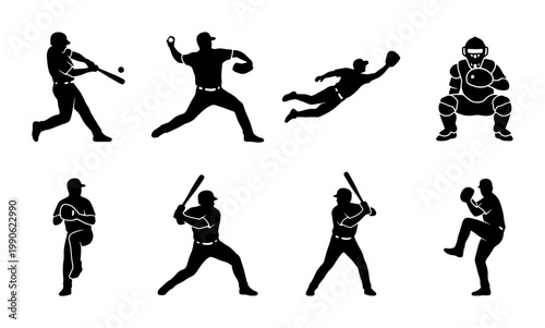 Baseball player silhouettes set, 8 black vector icons of athletes batting pitching and catching, professional sports action poses on white background