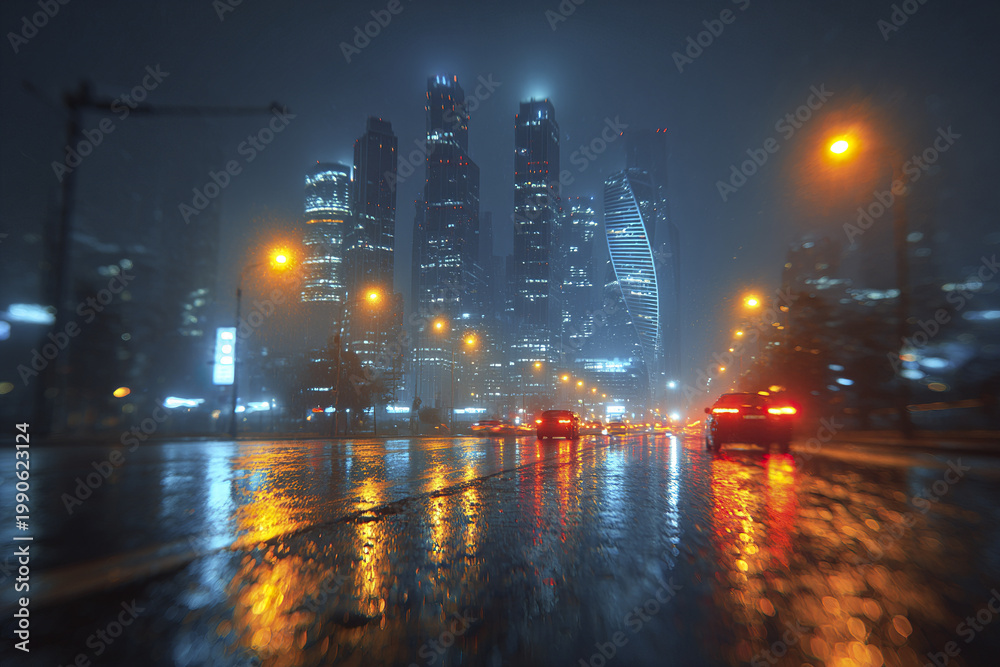 Obraz premium Rainy night city skyline with glowing skyscraper lights reflecting on wet street, cars driving through urban area creating moody and atmospheric scene with bright street lamps