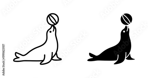 Seal balancing ball icon set in outline and black silhouette