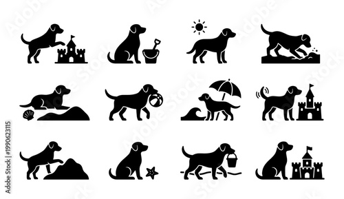 Black Labrador Dog Beach Vacation Silhouette Icons, Set of 12 Pet Summer Holiday Vector Graphics, Labrador Retriever Playing in Sand and Water
