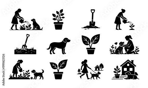 Gardening and pet care silhouette icons, set of 12 black vector illustrations of people watering plants and walking dogs, backyard hobby elements