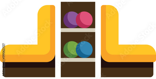 Bowling alley seating area with colorful bowling balls on a rack, flat vector illustration