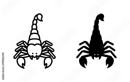 Scorpion outline and solid black silhouette icon set