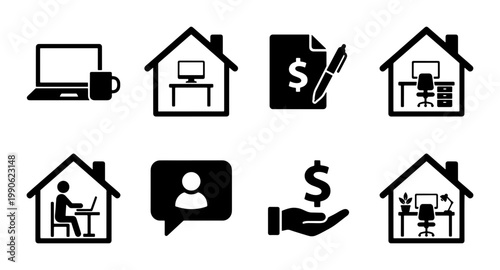 Remote work icon set with 8 black vector symbols, home office workspace illustrations, freelance business and telecommuting icons for web design