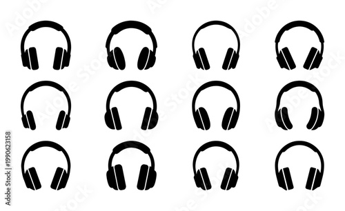 Minimalist headphone icon set, 12 black vector silhouettes of audio headsets, modern music equipment symbols for sound design and podcasting
