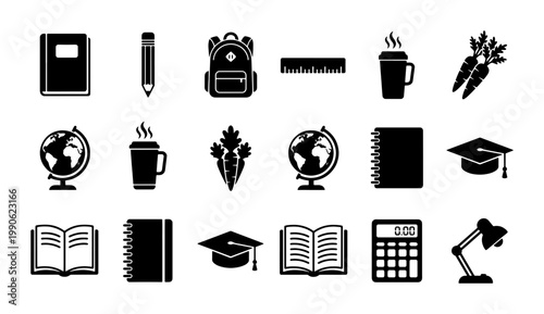 Minimalist school icon set, black solid education symbols, 18 vector elements for university and college supplies, academic learning and study tools