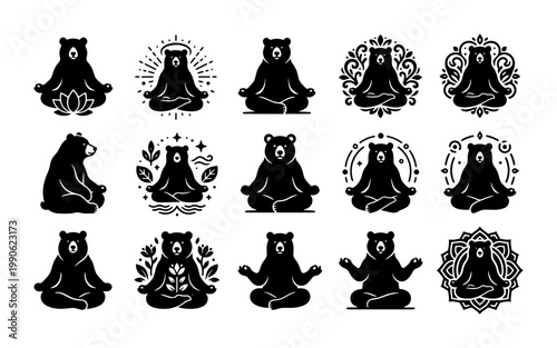Zen meditating bear icons set, 15 black silhouette yoga bear vector illustrations, spiritual grizzly bear logos with lotus and mandala elements