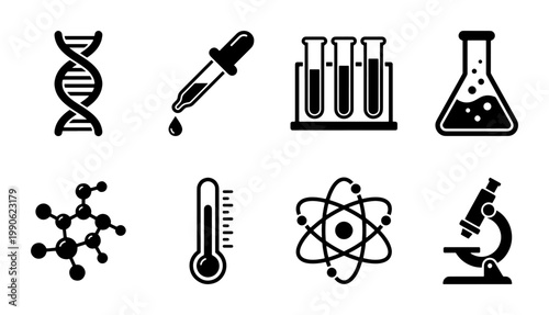 Science and laboratory icon set, black chemistry research symbols, 8 vector icons for biology and physics education, medical lab equipment graphics