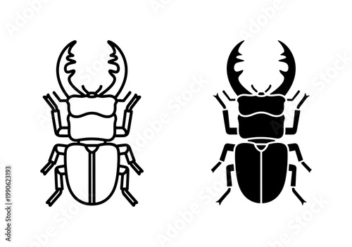Stag Beetle Outline and Silhouette Vector Icon Set