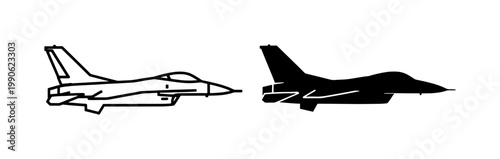 Military Fighter Jet Silhouette and Outline Vector Set