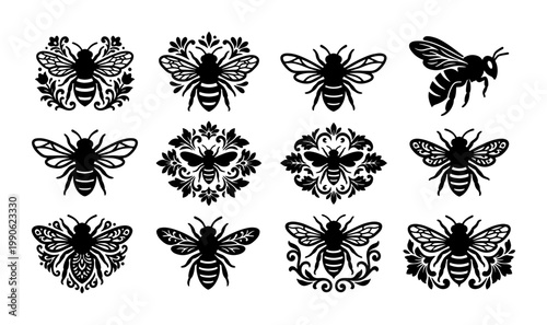Vintage honey bee silhouettes, set of 12 decorative bumblebee icons, black floral insect vector graphics for logo design and branding