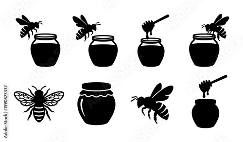Honey bee and glass jar icons set, black silhouette honey dipper and bumblebee vector illustrations, organic apiary product symbols for packaging