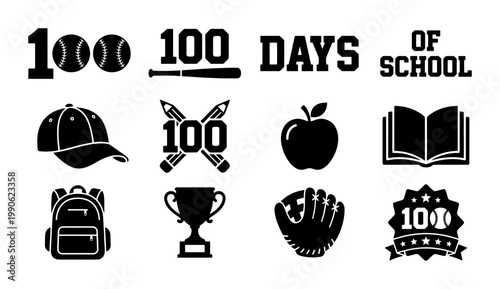 100 Days of School baseball theme vector icons, black and white education celebration graphics, sports style school milestone elements