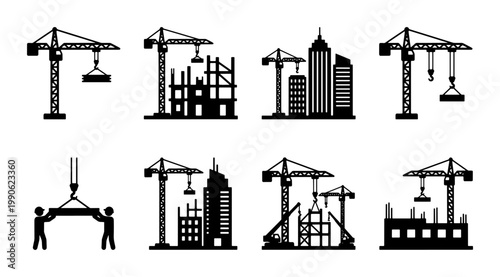 Construction crane icons set, industrial building site silhouettes, 8 vector elements of urban development and skyscraper architecture projects