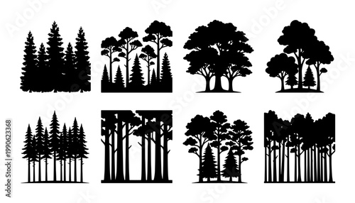 Forest tree silhouette collection, black pine and spruce woodland icons, set of 8 nature landscape vector elements for outdoor branding
