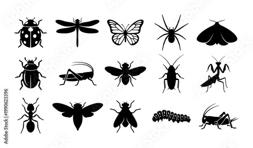 Black insect silhouettes collection, set of 15 bug icons including butterfly and beetle, minimalist nature vector elements for educational design