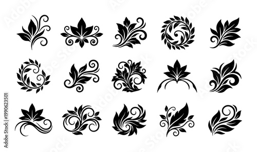 Vintage floral ornaments collection, 15 black decorative leaf icons, elegant swirl filigree vector set, classic botanical flourish elements for wedding invitations