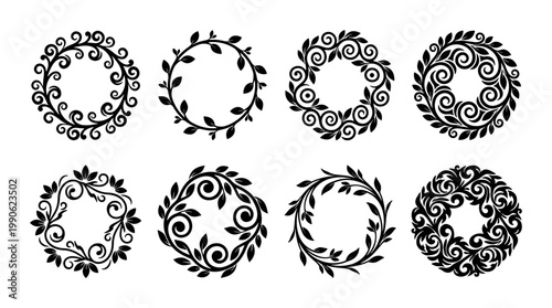 Vintage floral wreath collection, 8 black circular leaf frames. Ornamental hand drawn botanical borders, elegant swirl and foliage vector set for wedding stationery.