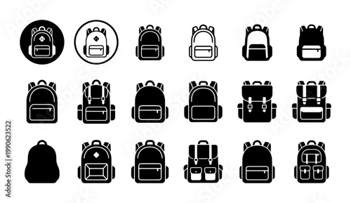Minimalist backpack icon set, 18 black and white school bag vector symbols, travel rucksack and hiking pack silhouettes for web and mobile UI