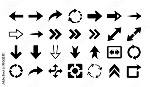 Black arrow icon set with 28 vector elements, minimalist directional symbols for navigation, flat graphic interface pointers for web design