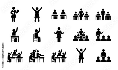 Education and classroom icons set, black school student and teacher pictograms, 15 vector stick figures for learning and teaching concepts