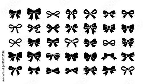 Black ribbon bow silhouettes, set of 35 decorative gift bow icons, elegant knotted ribbon vector elements for wedding invitations and holiday packaging