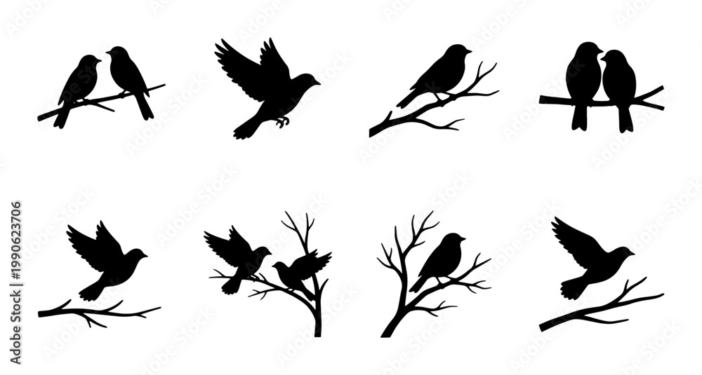 Fototapeta premium Black bird silhouettes on tree branches, set of 8 avian vector icons, flying and perched songbirds, nature wildlife elements for graphic design