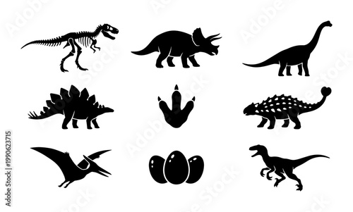 Dinosaur silhouette icon set, prehistoric animal vector collection with T-Rex and Triceratops, black jurassic creature symbols for educational design