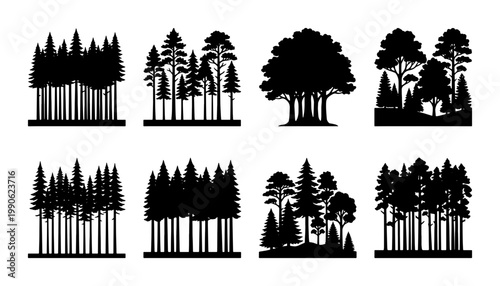 Black forest silhouettes set, 8 vector tree line icons, pine and deciduous woodland landscape elements, minimalist evergreen and oak timber graphics