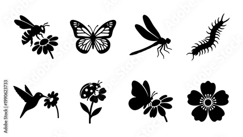 Black insect silhouettes and garden wildlife icons, 8 vector elements featuring butterflies and bees, minimalist nature bug and flower symbols
