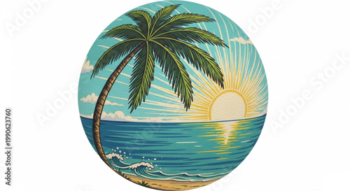 A beach-themed ball, with an illustration of a coconut tree, sea, and sun, isolated on a white background.