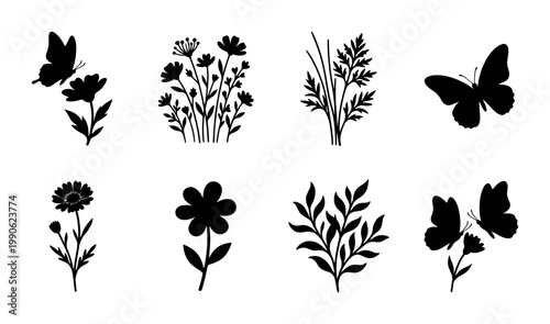 Black floral silhouettes and butterfly icons set, botanical wildflower vector collection, minimalist garden plant elements for logo design and wedding invitations
