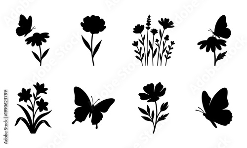 Black floral silhouettes and butterfly icons set, botanical garden flower vector elements, minimalist meadow plant shapes for wedding invitations