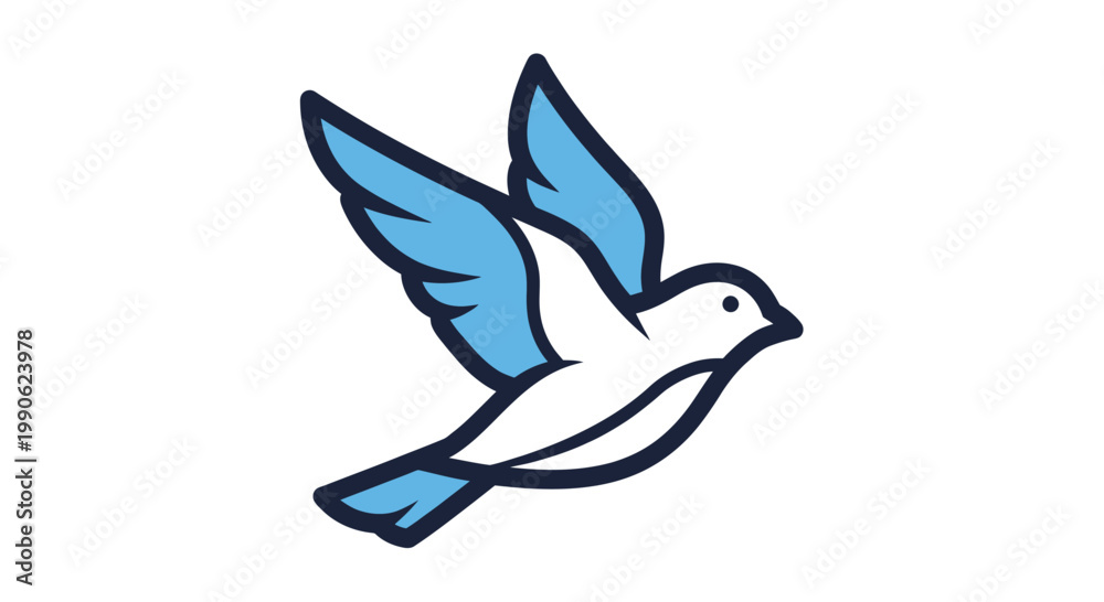Fototapeta premium Stylized light blue and white bird with dark blue outline in mid-flight
