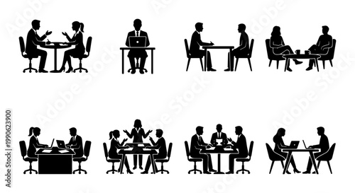 Business people silhouettes in office meetings, professional corporate workers at desks, set of 8 black vector icons for workplace communication