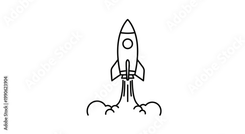 A minimalist line art illustration of a rocket blasting off with smoke plumes