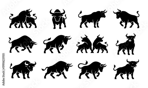 Powerful bull silhouettes set, collection of 12 black buffalo and ox vector icons, aggressive charging bull mascot logos for finance and sports branding
