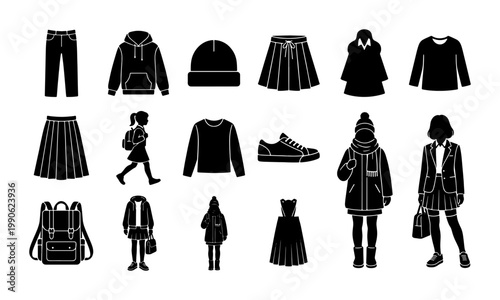 Minimalist black clothing icons and school uniform silhouettes, 17 vector elements set, casual apparel and student fashion garments for retail