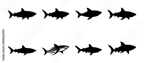 Shark silhouette vector icons set, black predatory fish shapes collection, 8 marine animal symbols for logo design and nautical branding