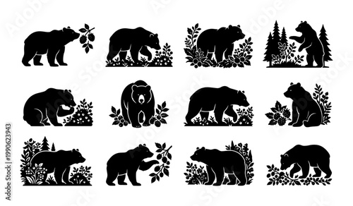 Black bear silhouette collection, 12 forest animal vector icons, grizzly bear wildlife illustrations with berries and trees, rustic nature graphics
