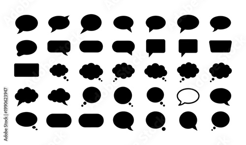 Black speech bubble icons set, 35 comic chat clouds and thought bubbles vector, minimalist talk balloon silhouettes for social media and messaging
