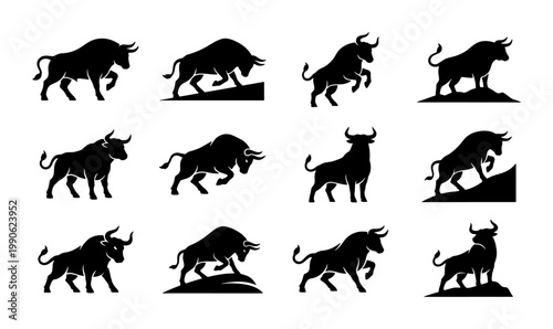 Bull silhouette vector set, 12 powerful ox and buffalo icons, black charging bull mascot collection for finance and sport branding