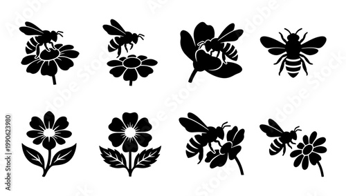 Honey bee and flower silhouette icons, black bumblebee pollinating garden blossoms, set of 8 vector insect and floral graphics for nature branding