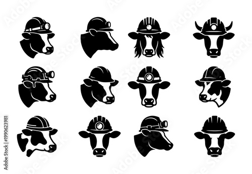 Industrial cow head icons wearing hard hats and mining helmets, set of 12 black and white vector cow mascots, livestock construction and labor concept